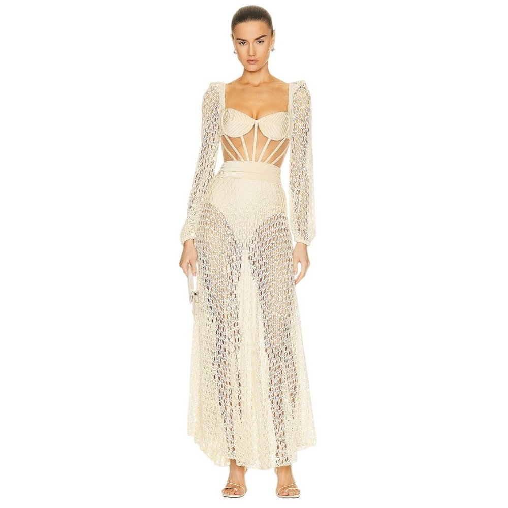 PatBO Monstera Crochet Bustier Dress in Sand New Womens Gown Maxi Bridal